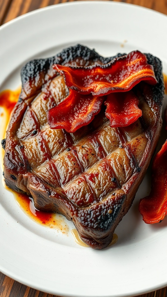 Grilled ribeye steak with crispy bacon on a rustic wooden table.